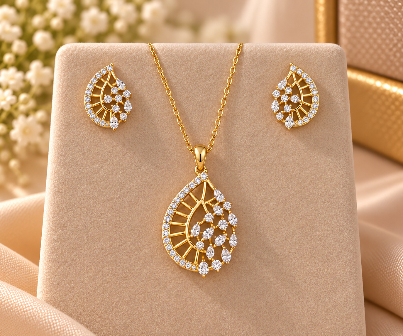 Golden Pear-Shaped Diamond Jewelry Set